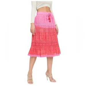 Gypsy Blu | Women’s Pink & Orange Ombre Lace Tiered Midi Skirt | L